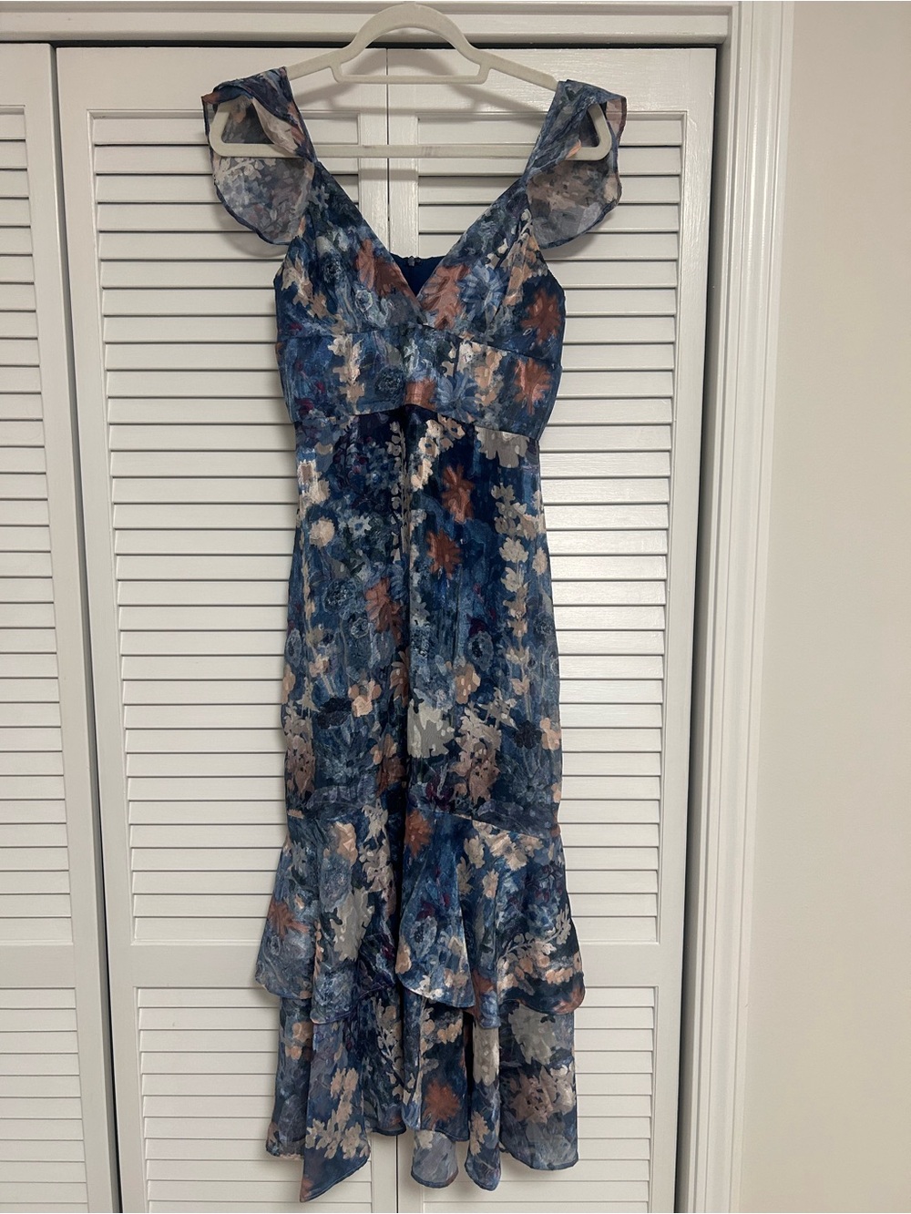 Anthropologie Blue Floral Ruffled Prom Dress